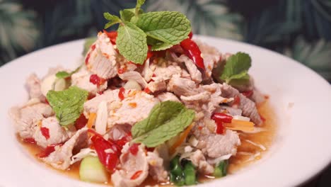 authentic thai spicy pork salad decorated with mint on a white plate