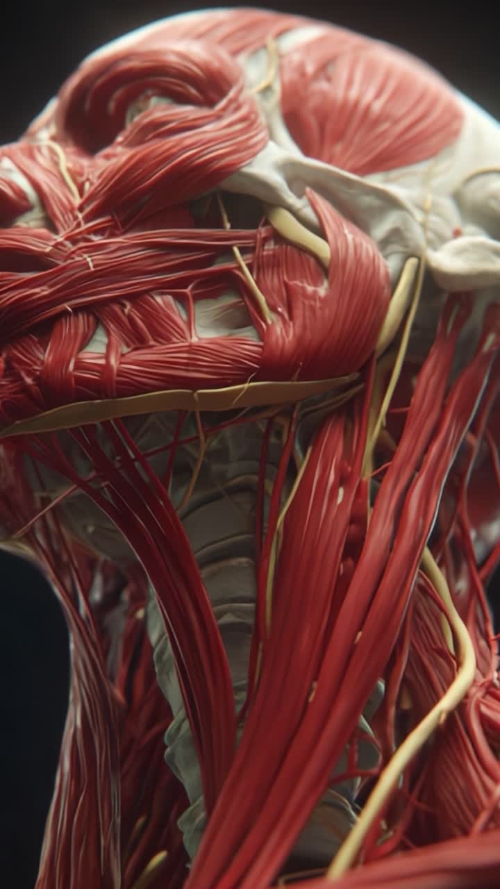 Visualizzazione approfondita dell'anatomia umana: un primo piano della struttura muscolare e delle connessioni nervose, che evidenzia la complessità dei sistemi biologici.