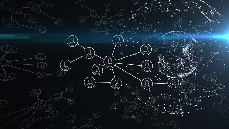 Animation of network of connections with people icons over globe