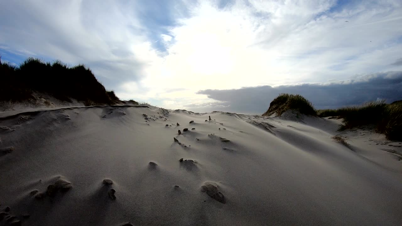 dunas de arena con hierba de dunas en la tormenta del mar del norte, dunas de senderismo, protección de diques, sondervig, jutlandia, dinamarca, 4k