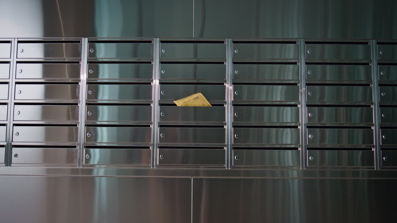 sobre de primer plano atascado en el buzón en un edificio de apartamentos. paquete de entrega en el casillero