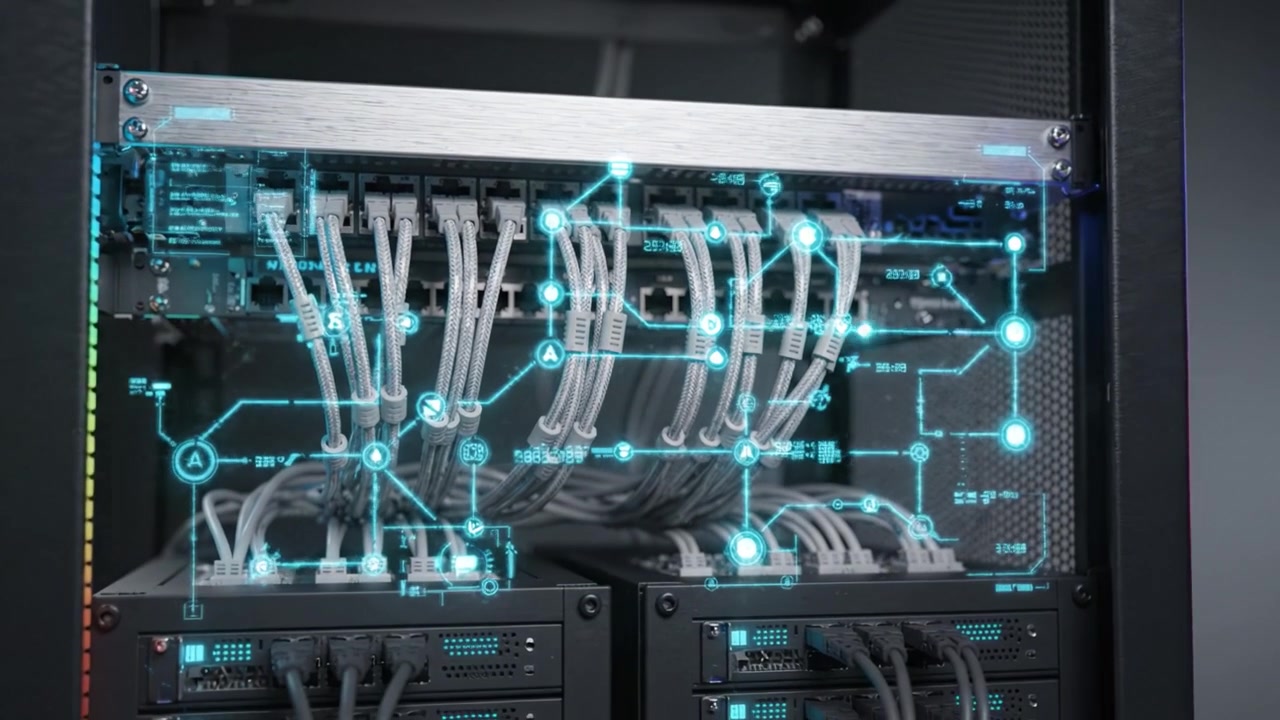 High-tech Data Center Rack with Network Cables and Futuristic Circuit Integration for Enhanced Connectivity and Performance in Modern Computing Environments