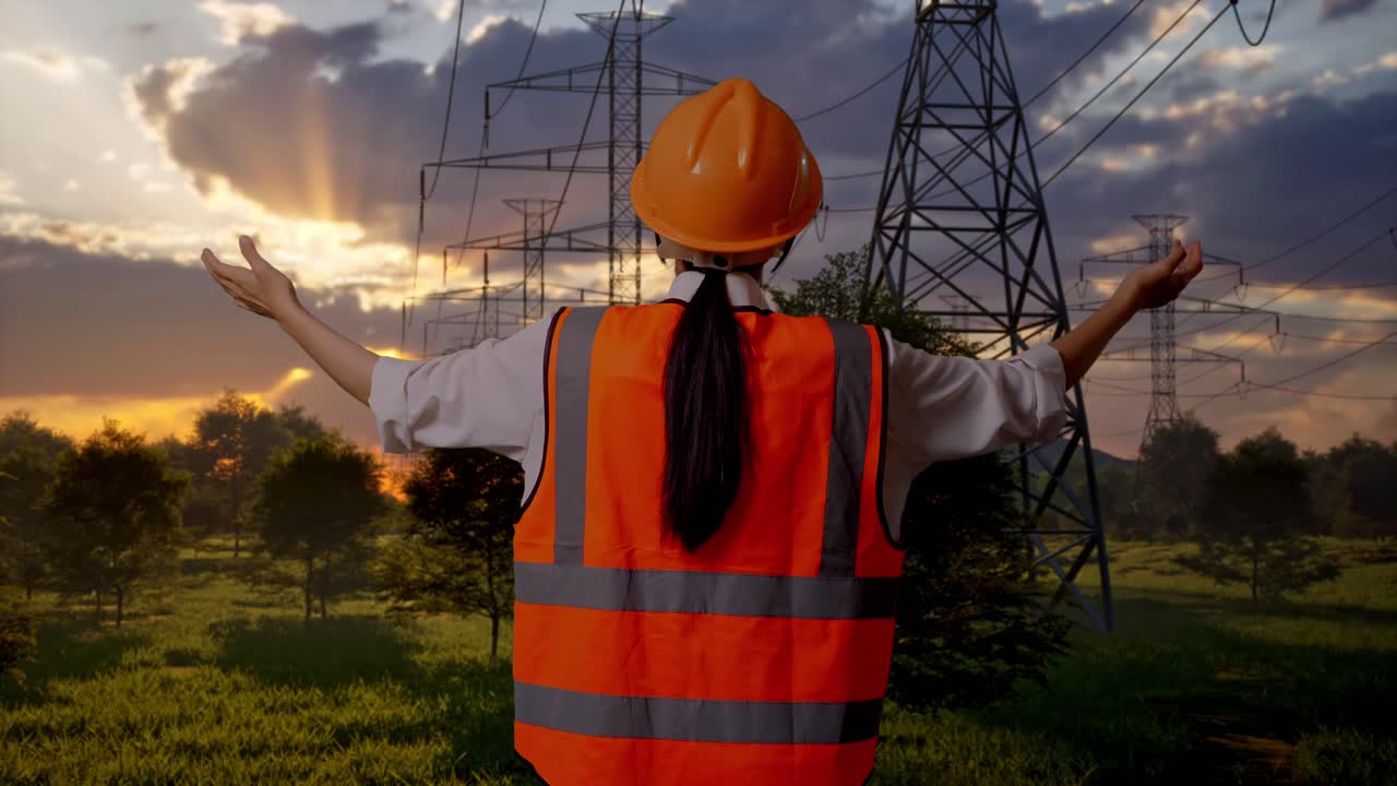 Engenheiro com colete de segurança e braços levantados olhando para linhas de energia ao pôr do sol