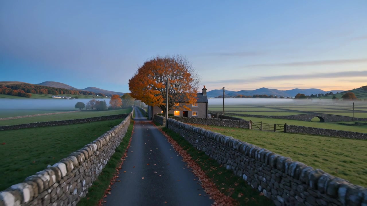 Starting camera moving toward central lane and stone cottage at dawn, revealing warm lit windows