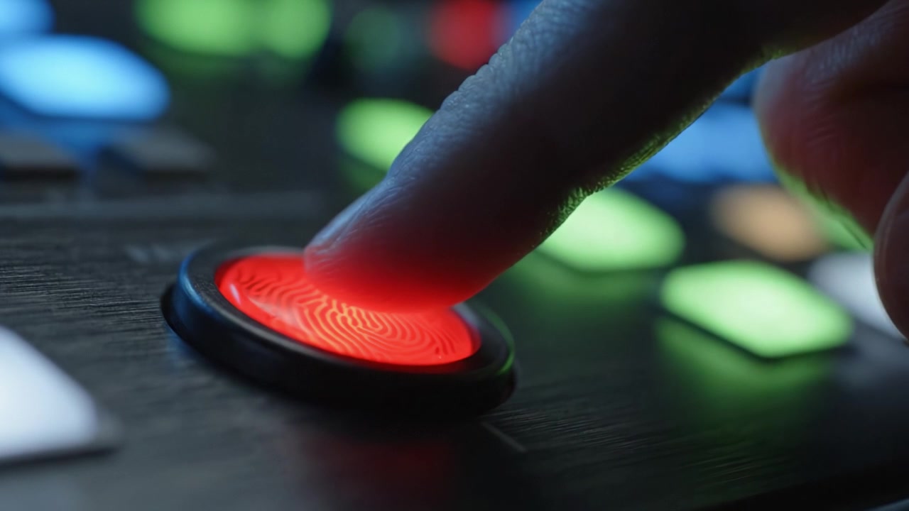 Close-Up of Control Interface Showcasing a Red Fingerprint Button Being Pressed Amidst Colorful Backlit Controls in a Modern Electronic Device