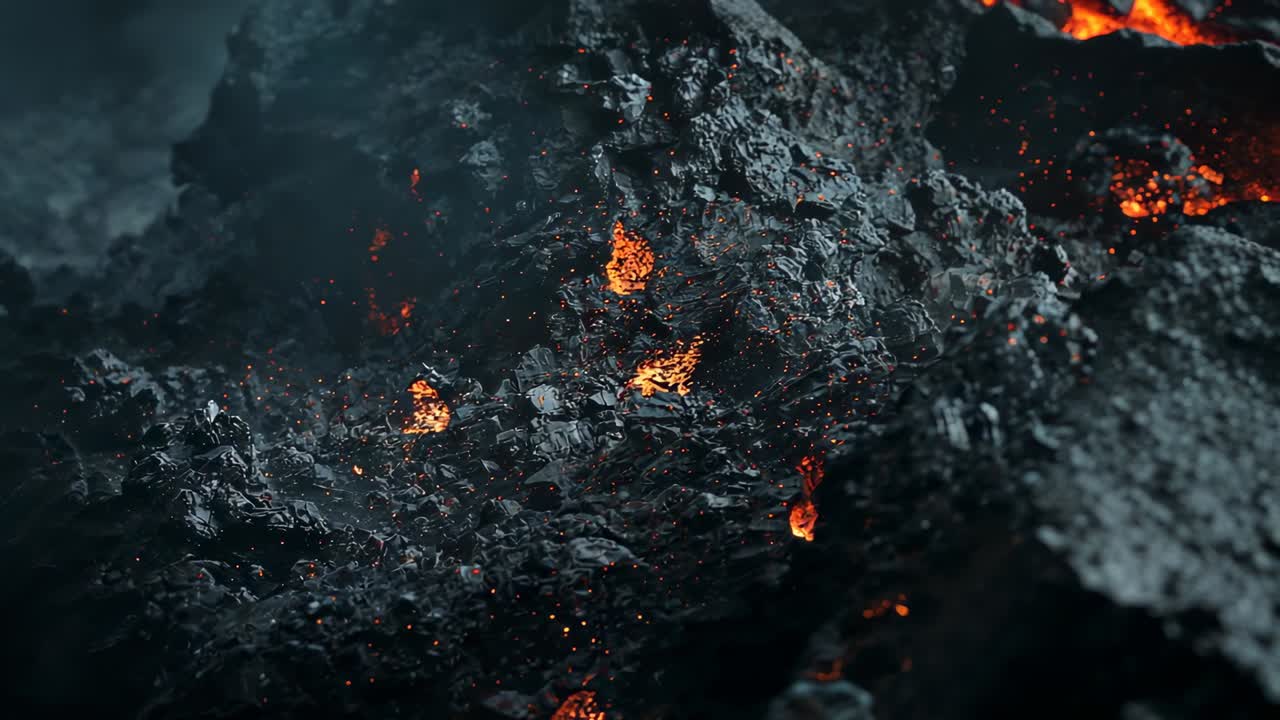 Panning at lava field revealing glowing pockets, gas plumes drifting, embers flickering