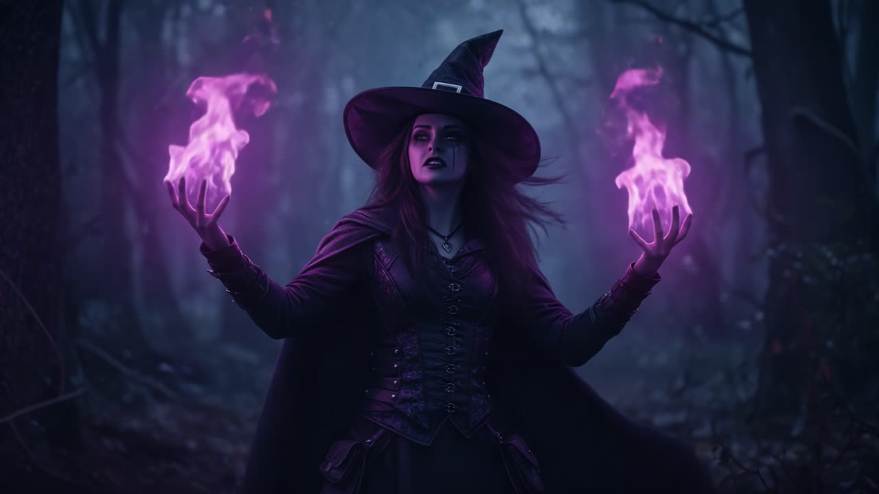 A dark sorceress brandishes mystical purple flames, summoning ethereal powers in a shadowy forest environment under a hauntingly enchanting background