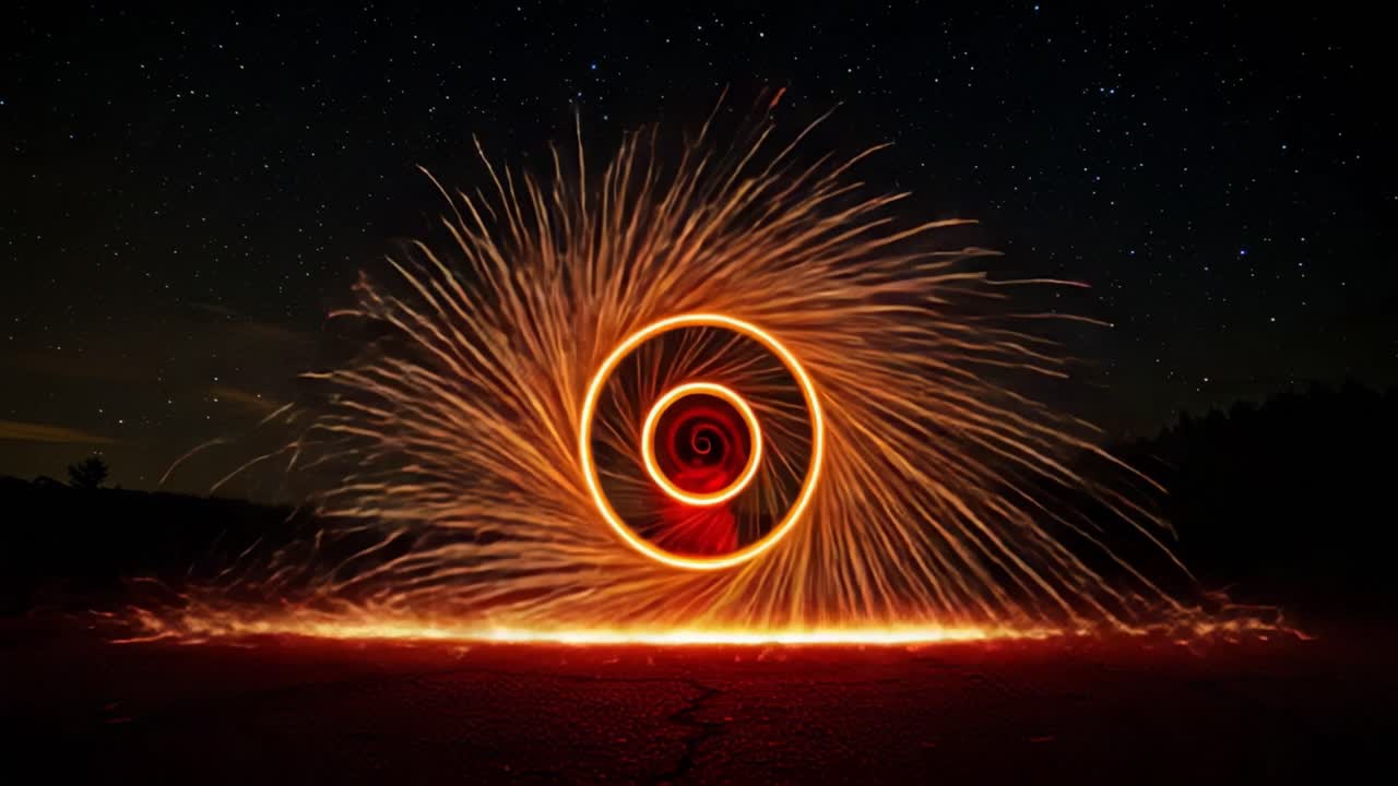 Captivating Spiral of Fire: An Enchanting Display of Sparkling Light in the Night Sky Capturing the Essence of Movement and Artistry Through Steel Wool Photography