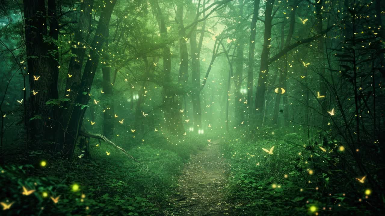 Enchanted forest scene with glowing fireflies, captured from a low-angle, creating a magical