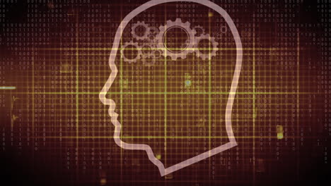 animación de la cabeza humana con engranajes sobre codificación binaria y cardiógrafo