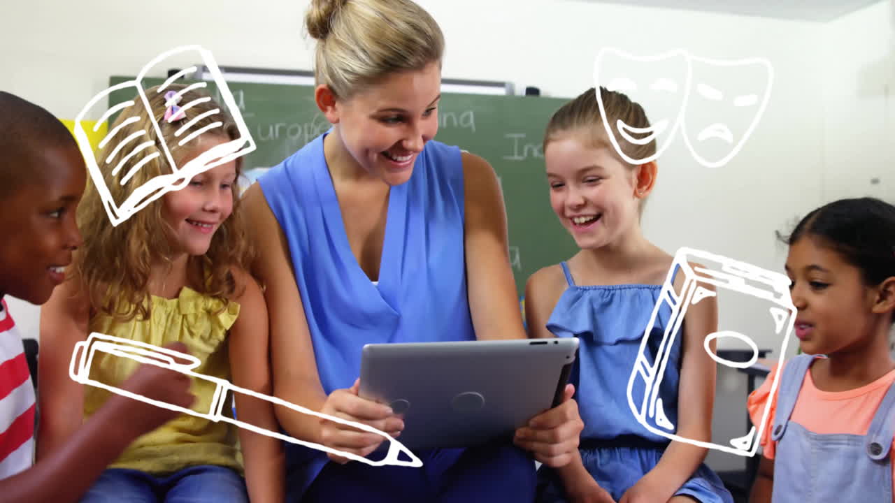 Teacher and children using tablet, surrounded by school supplies animation