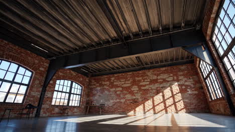 spacious empty industrial loft with brick walls and large windows