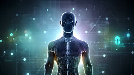 man in futuristic body suit standing against futuristic background