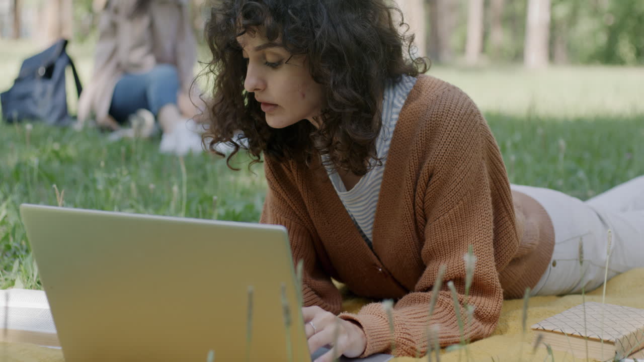 mujer trabajando en computadora portátil en el parque