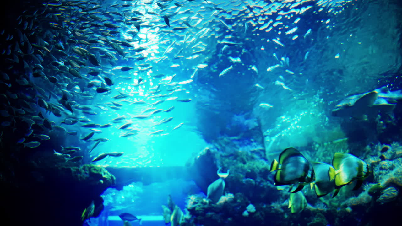 A school of Blue maomao fish swimming near coral reefs