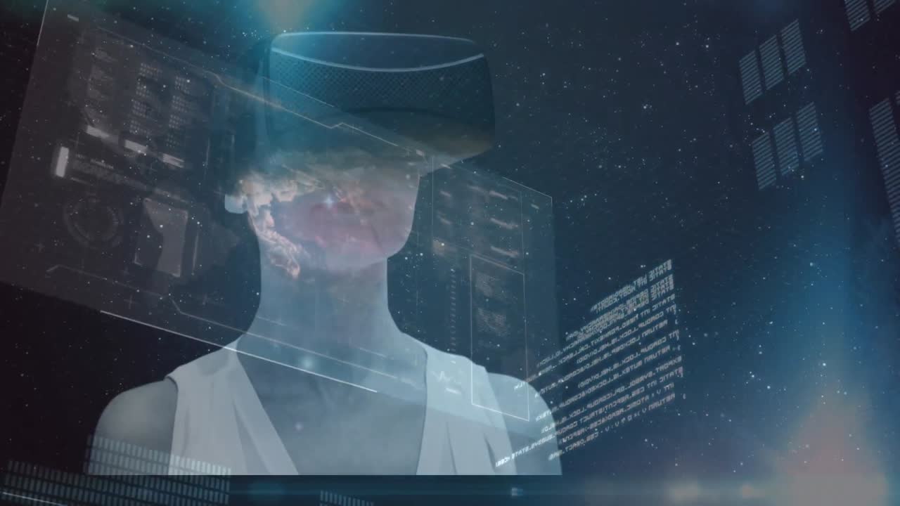Digital interface with data processing against woman using VR headset