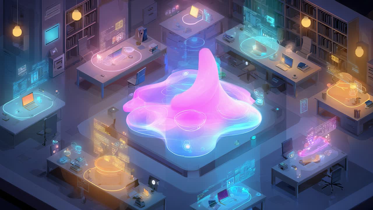 Pulsating abstract liquid energy form floating in the center of a futuristic high tech laboratory or office space, surrounded by computers with holographic displays and glowing data interfaces