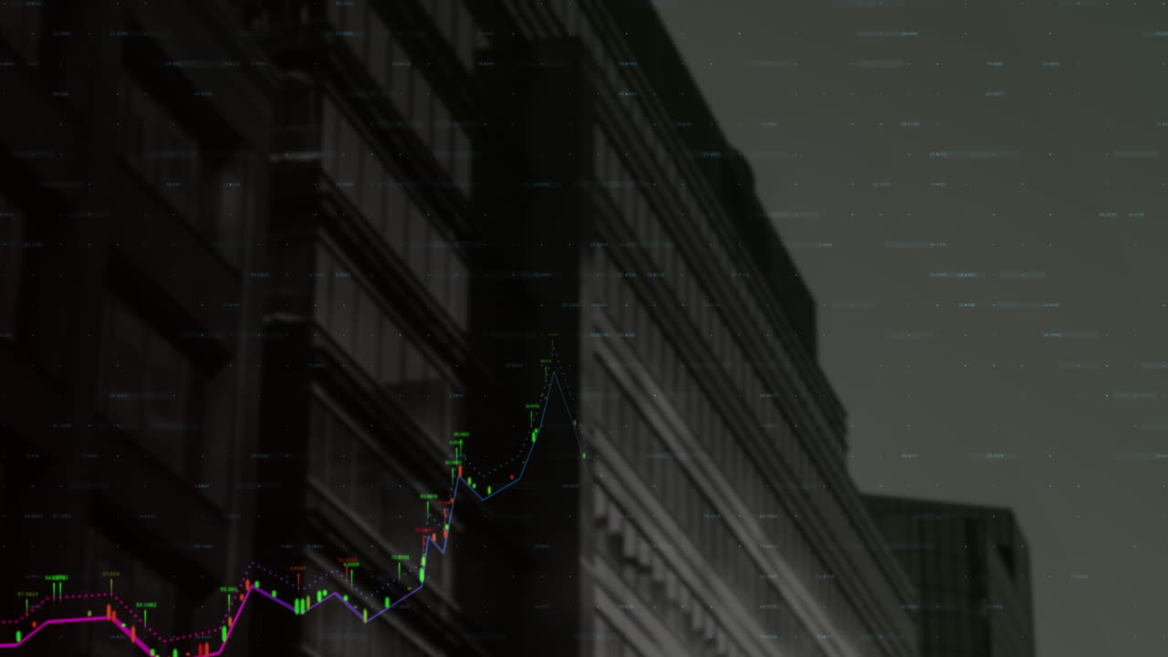 Animation of financial data processing against low angle view of tall building