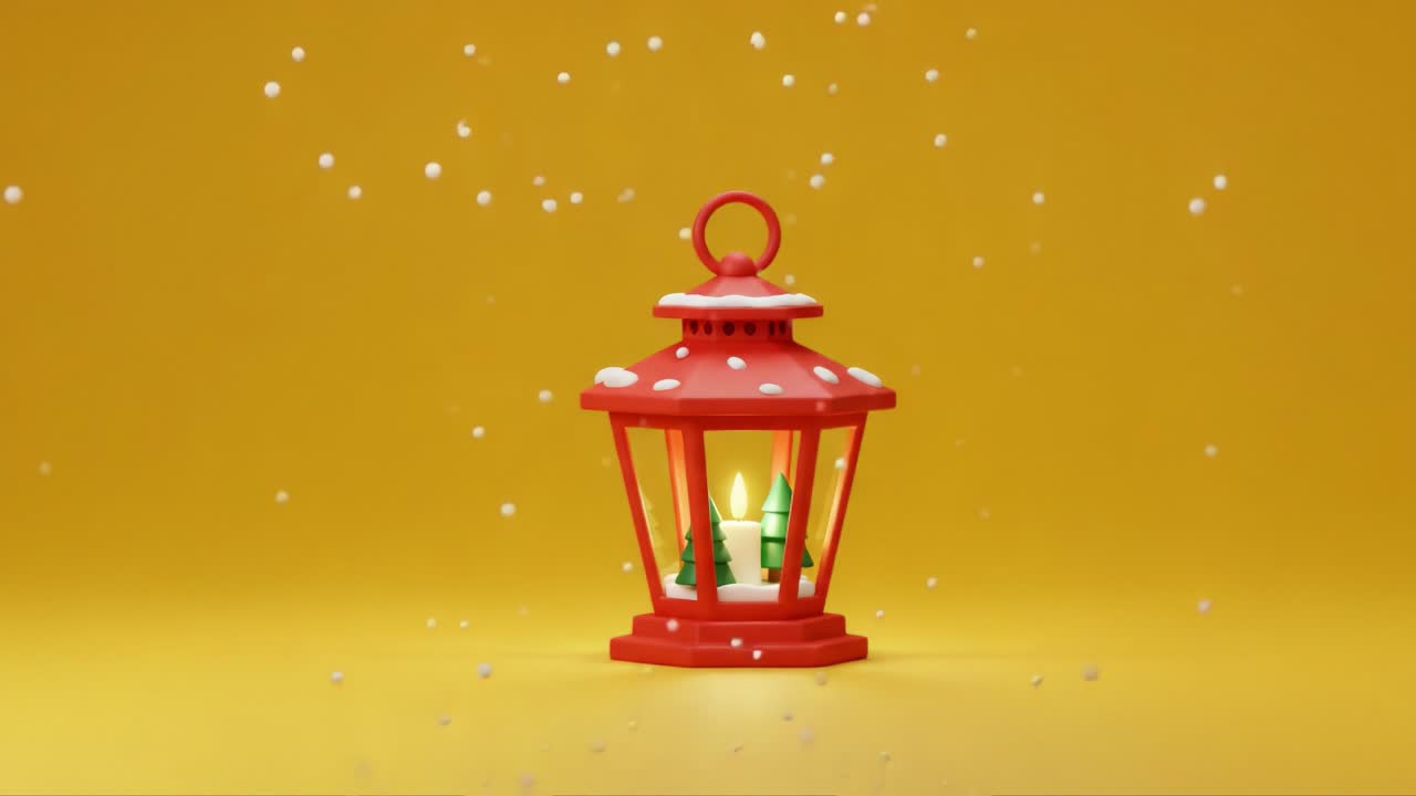 A Festive Red Lantern Illuminates a Snowy Scene, Bringing Holiday Cheer and Warmth to a Bright Yellow Background Filled with Floating Snowflakes
