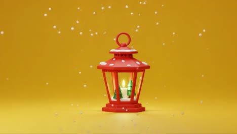 a festive red lantern illuminates a snowy scene, bringing holiday cheer and warmth to a bright yellow background filled with floating snowflakes