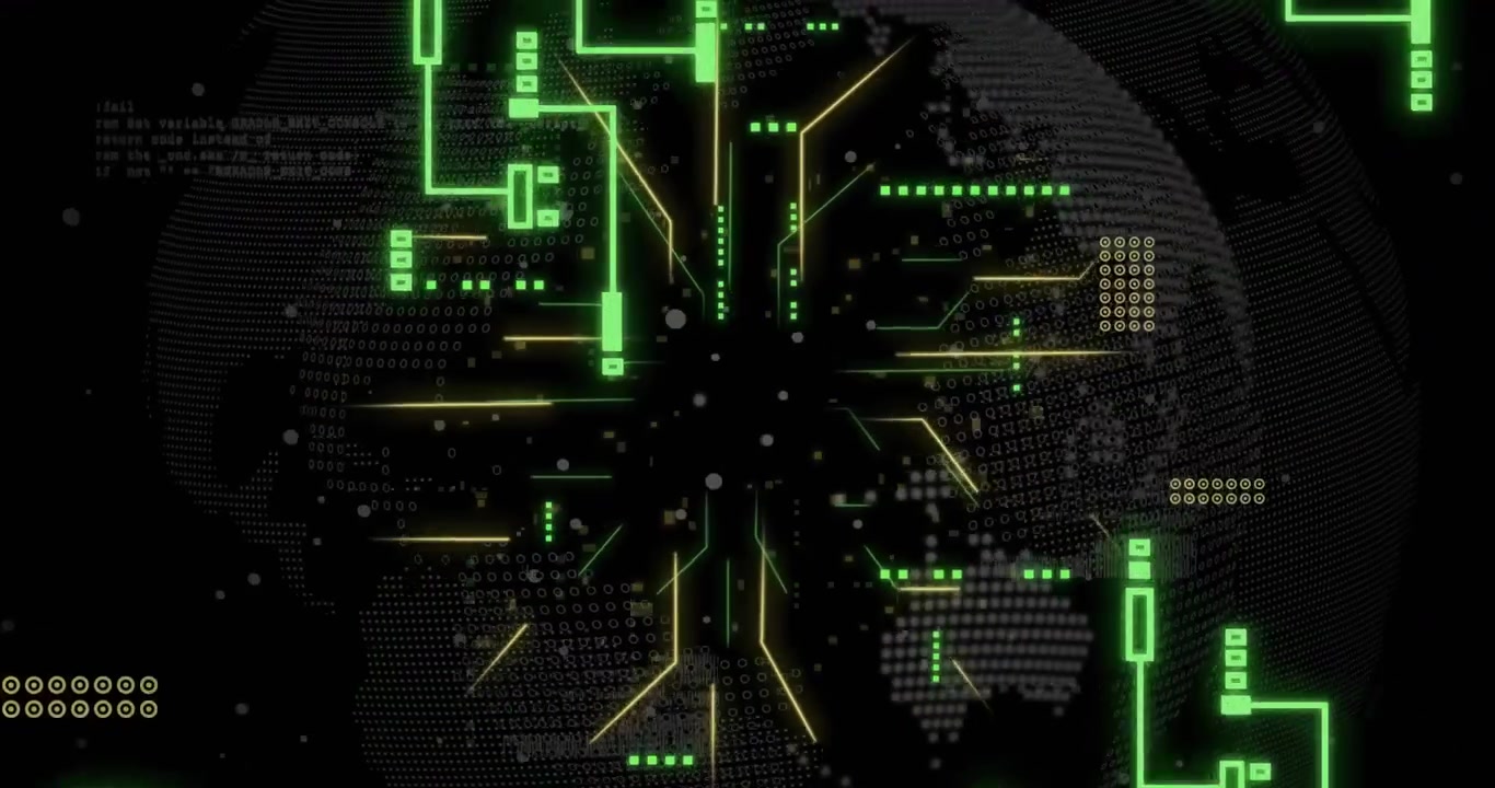 Animation of digital data processing over computer circuit board and globe