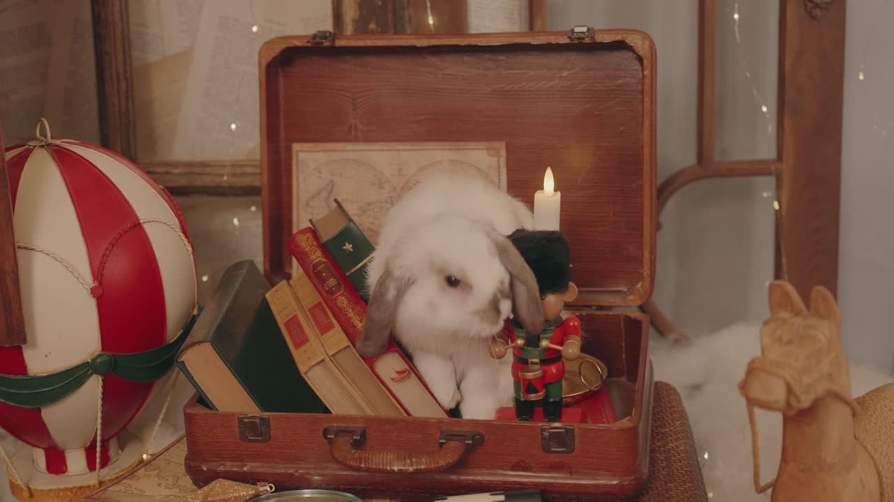 Cute white bunny exploring vintage suitcase with books and holiday toys
