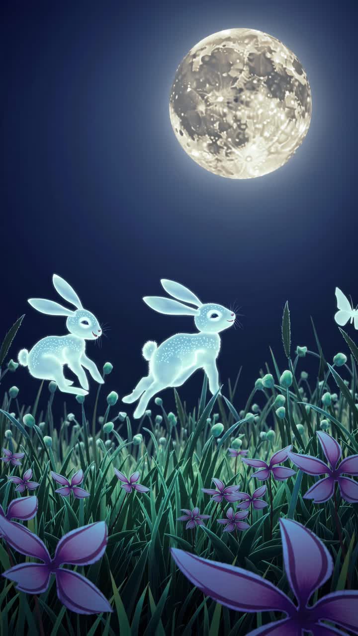 Magical scene with glowing rabbits under a full moon, captured from a low angle