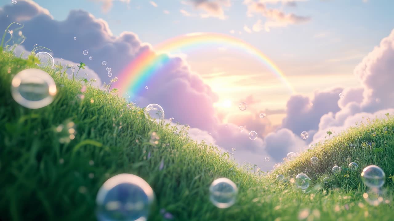 A serene landscape with lush green hills, floating bubbles, and a vibrant rainbow under a cloudy