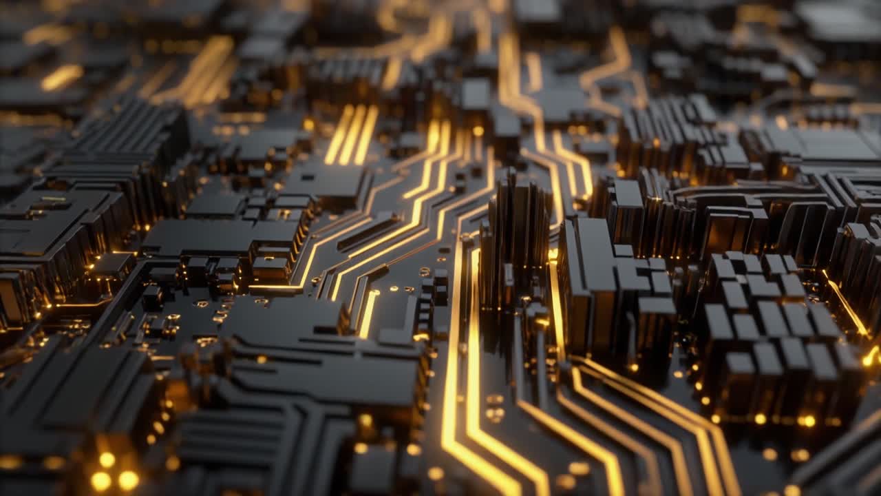 Abstract Digital Circuit Board with Glowing Golden Pathways