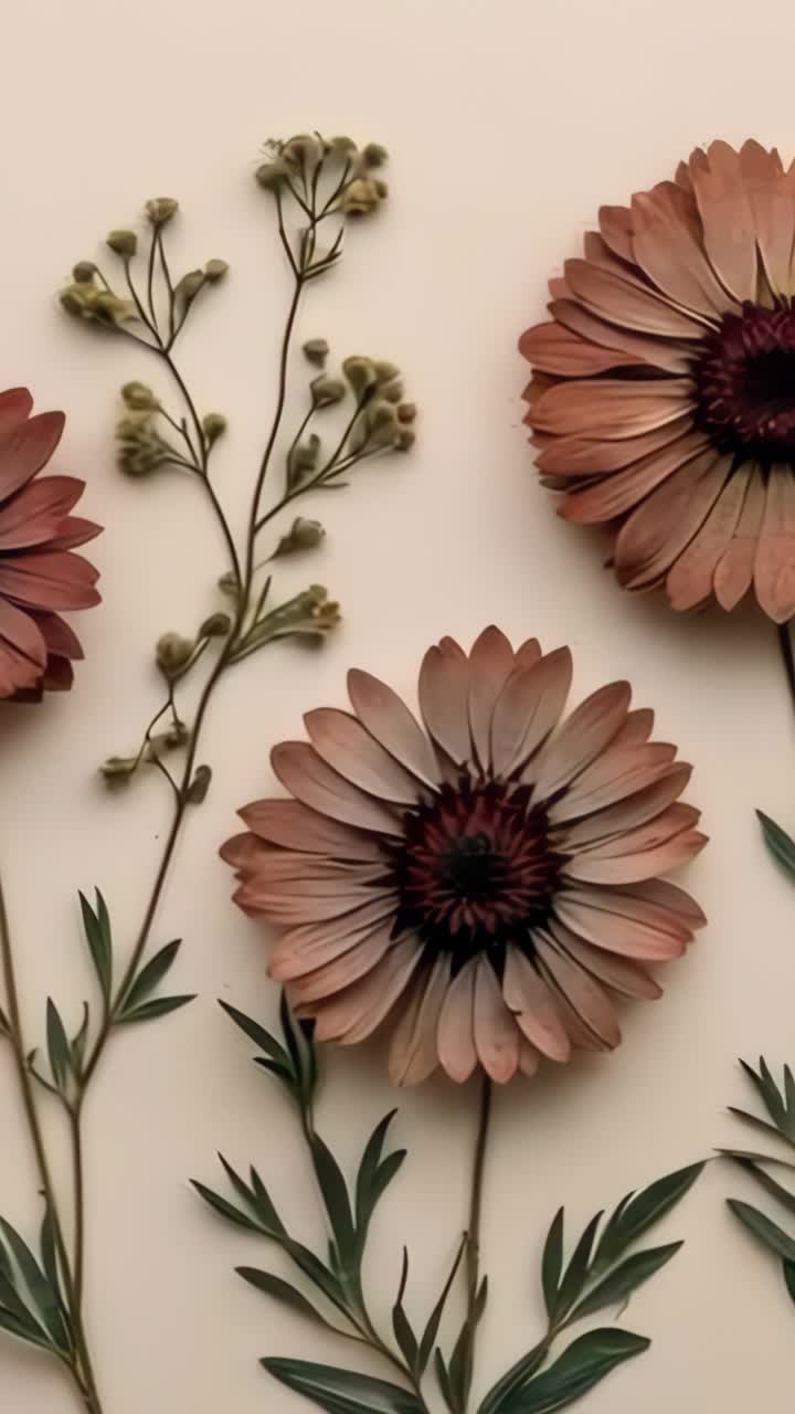 Video verticale: panoramica della fotocamera su fiori di margherita pressati su una tavola color crema, che completa una fila floreale