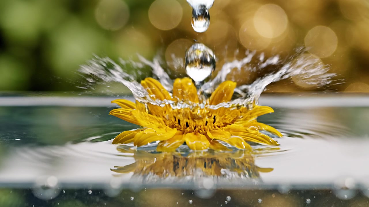 Serene Yellow Flower Floating on Water with Falling Droplets