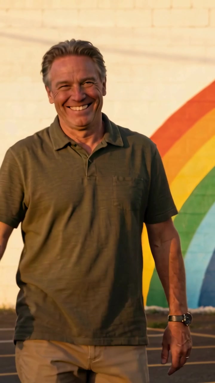 Vídeo vertical: Entrando no estacionamento, homem de camisa verde-oliva e calça cáqui andando, virando e sorrindo perto de mural de arco-íris