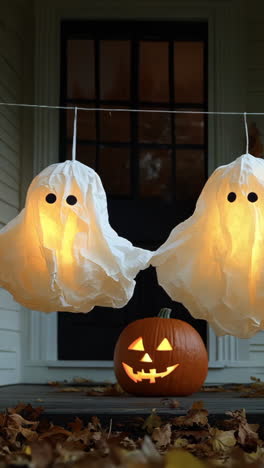 a row of halloween decorations including pumpkins and ghosts. the ghosts are hanging from a string and are lit up