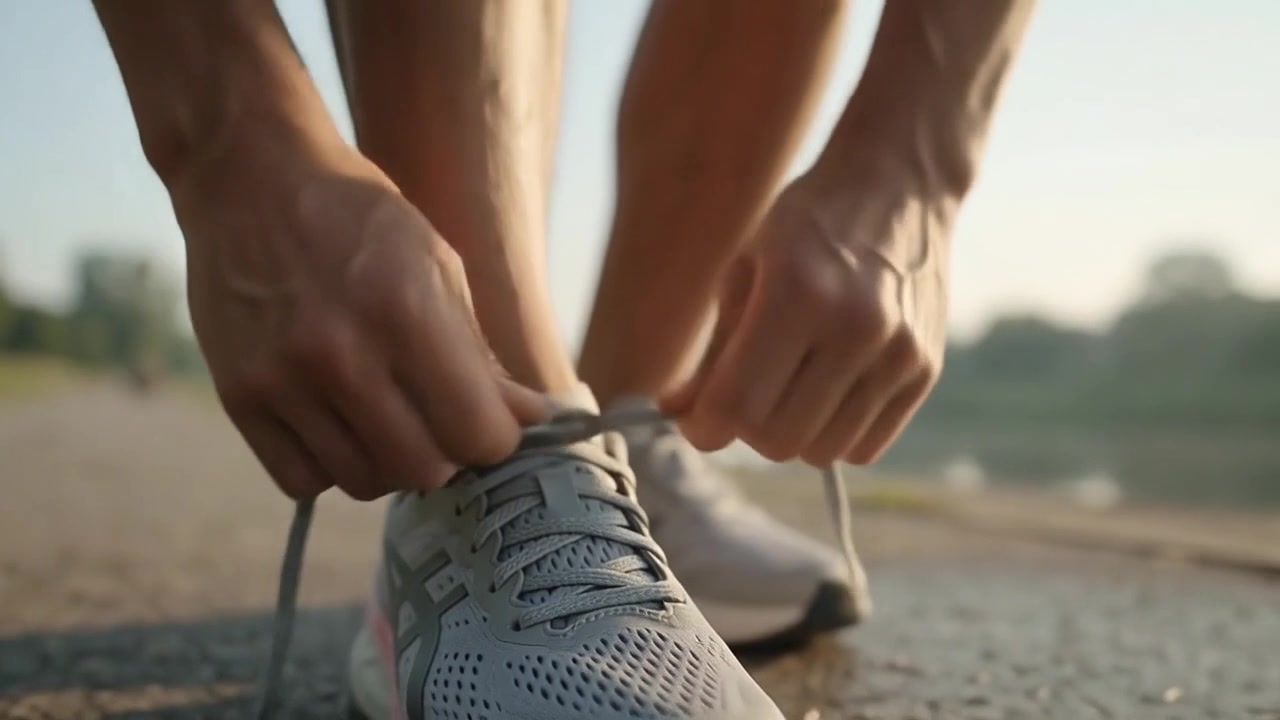Corridore che allaccia le scarpe prima di iniziare la corsa mattutina lungo il fiume