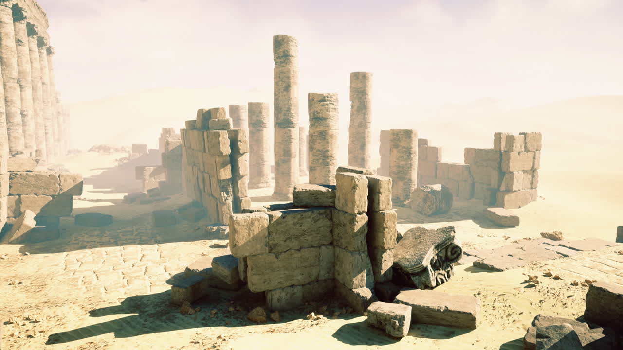 Ancient ruins surrounded by desert landscape at midday light