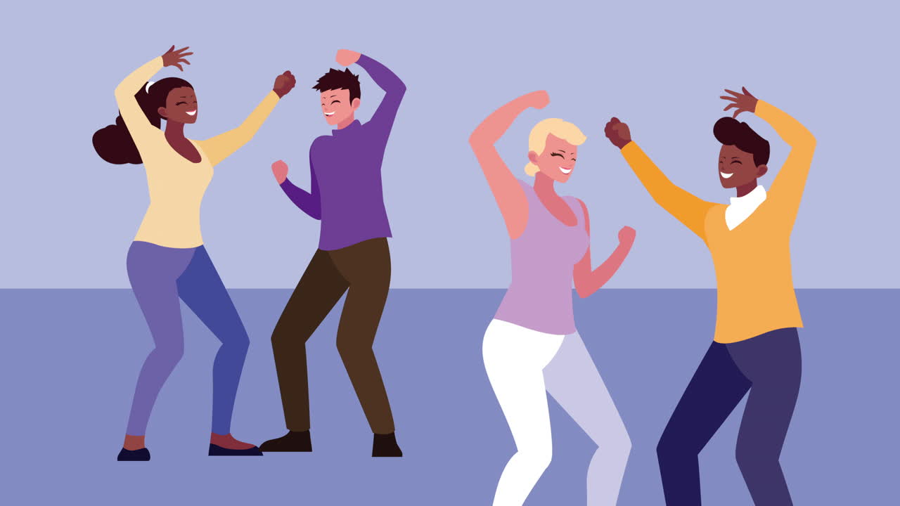 personas interraciales bailando en avatares personajes de animación