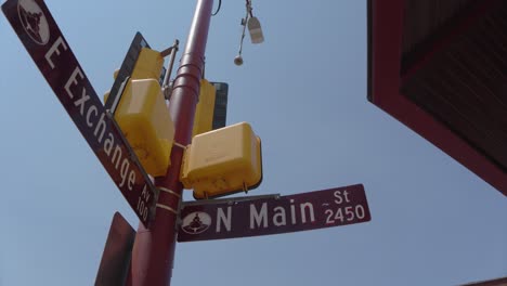 Establishing-shot-of-East-Exchange-and-North-Main-street-signs-in-Fort-Worth,-Texas