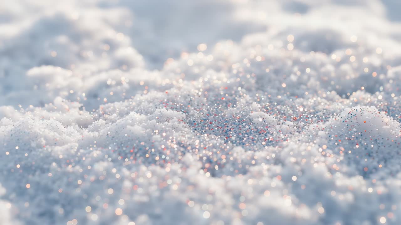 Panning camera across fine snow crystals under sunrise glow, revealing glimmering grains