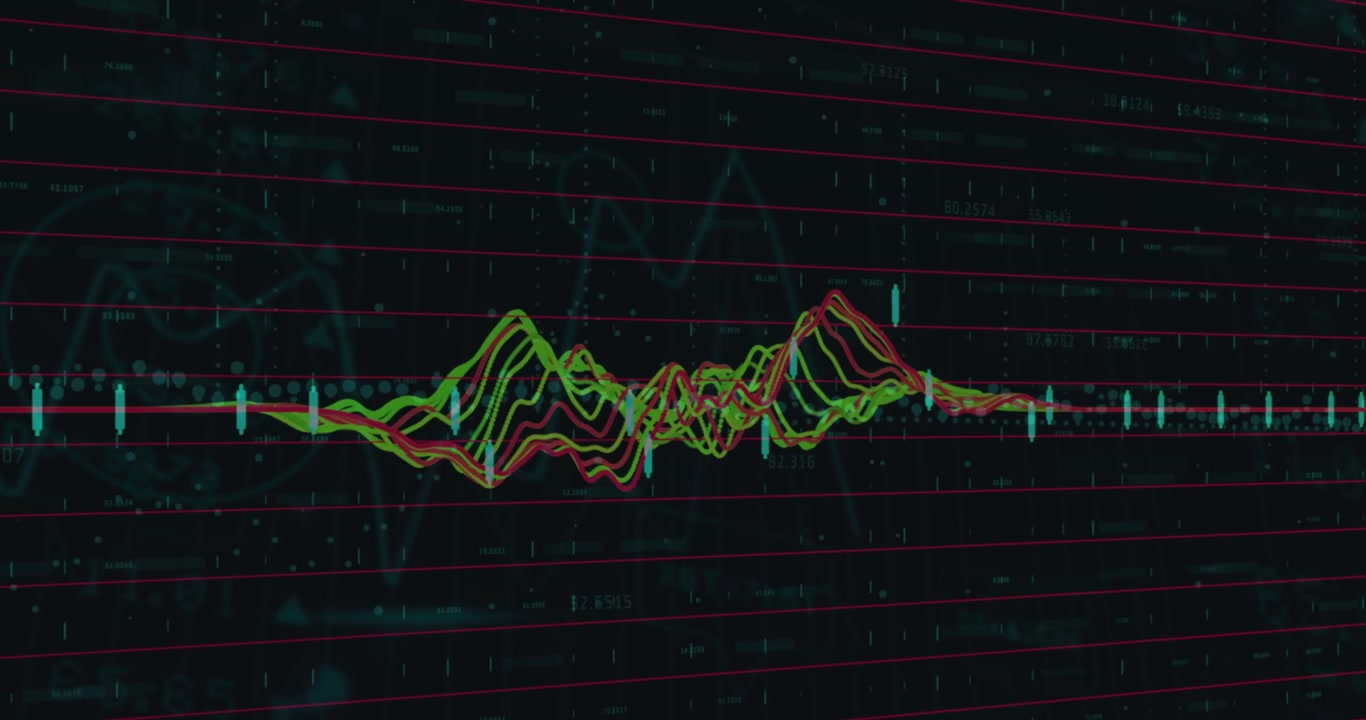 Digital animation of financial data processing against black background