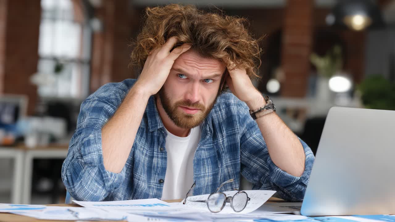 Frustration and Overwhelm: A Man Struggling with Stress while Managing Paperwork and Technology in a Busy Workspace Environment
