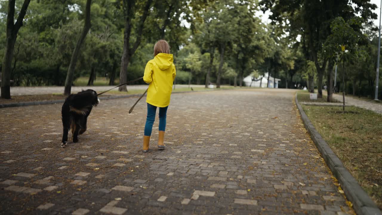 vista trasera de una chica feliz en una chaqueta amarilla caminando con su gran perro negro a lo largo del callejón en el parque después de la lluvia