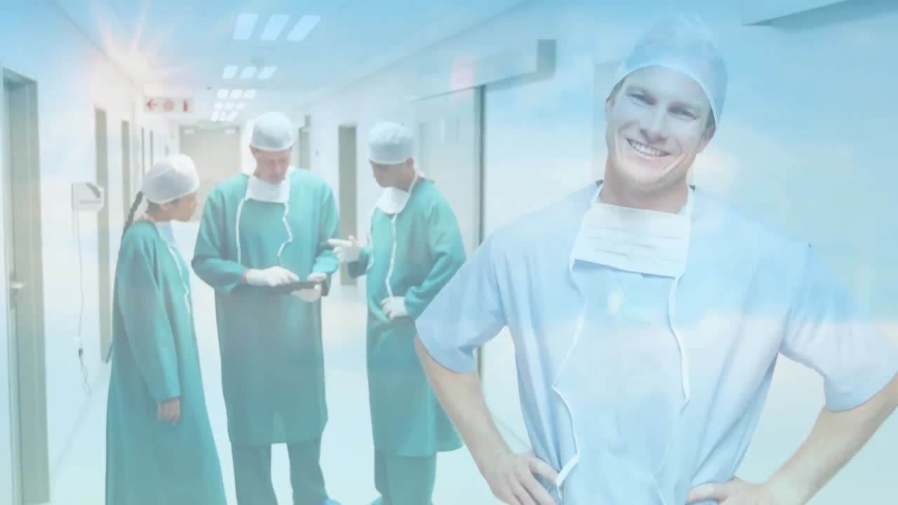 백인 남성 의료 종사자가 병원에서 웃고 있는 백인 남성 의료 종사자에 대한 빛의 점의 디지털 구성