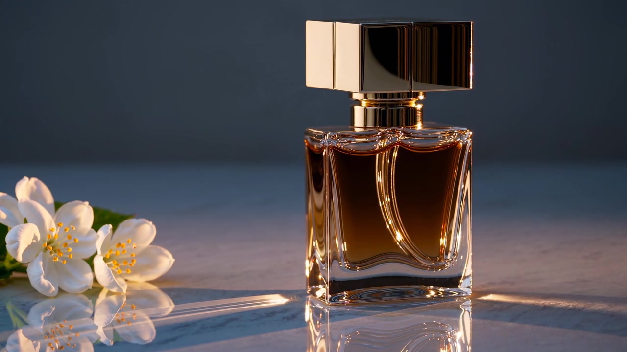 Flacone di profumo di lusso con fiori di gelsomino bianchi su superficie di marmo