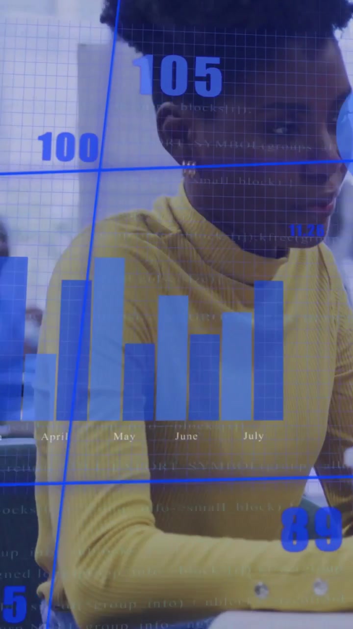 Woman using mouse at desk, analyzing business charts updating from bars into pie over shoulder