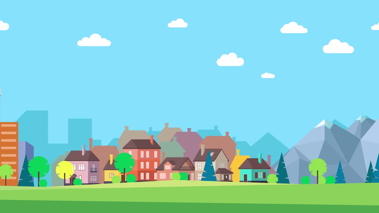 panorama de una gran ciudad, un pueblo acogedor y montañas cubiertas de nieve. salida a la ciudad. fin de semana. cambio de entorno de vida. nubes blancas en el cielo se mueven suavemente. vacaciones. animación de movimiento 2d.