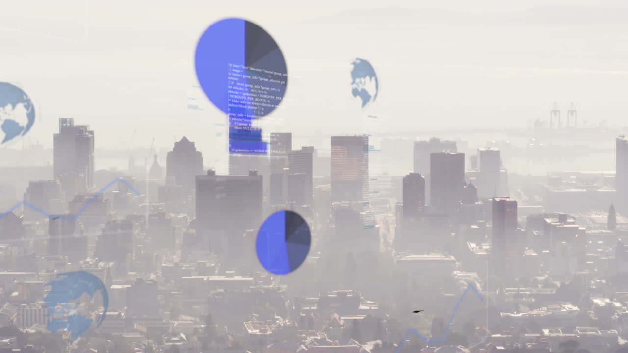 Blue pie charts and globe animation over city skyline in foggy atmosphere