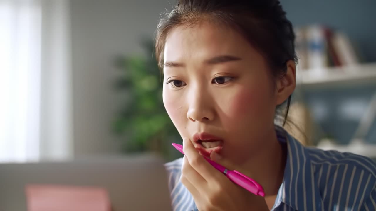 A Young Woman Deeply Engaged in Thought as She Focuses on Her Laptop Screen, Capturing the Essence of Concentration and Reflection in a Cozy Setting