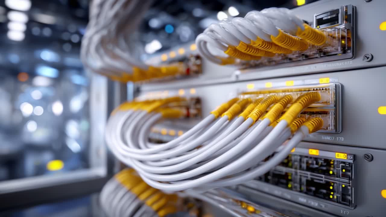 Detailed View of Network Cables Connected in a Server Room, Highlighting the Complex Interconnections and Technology Involved in Data Transmission
