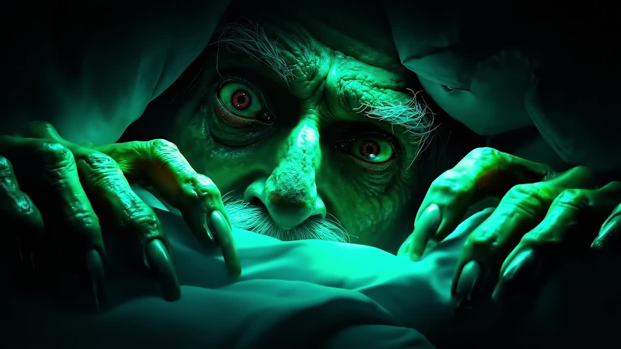 A close up of a man's face with green eyes and hands