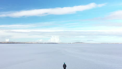 excelente toma aérea de una persona caminando sobre el lago congelado verdemente en la península de eyre, sur de australia